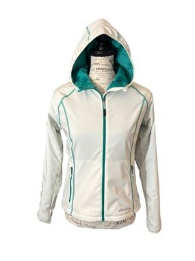 Eddie Bauer White Hooded Softshell Jacket with Teal Trim